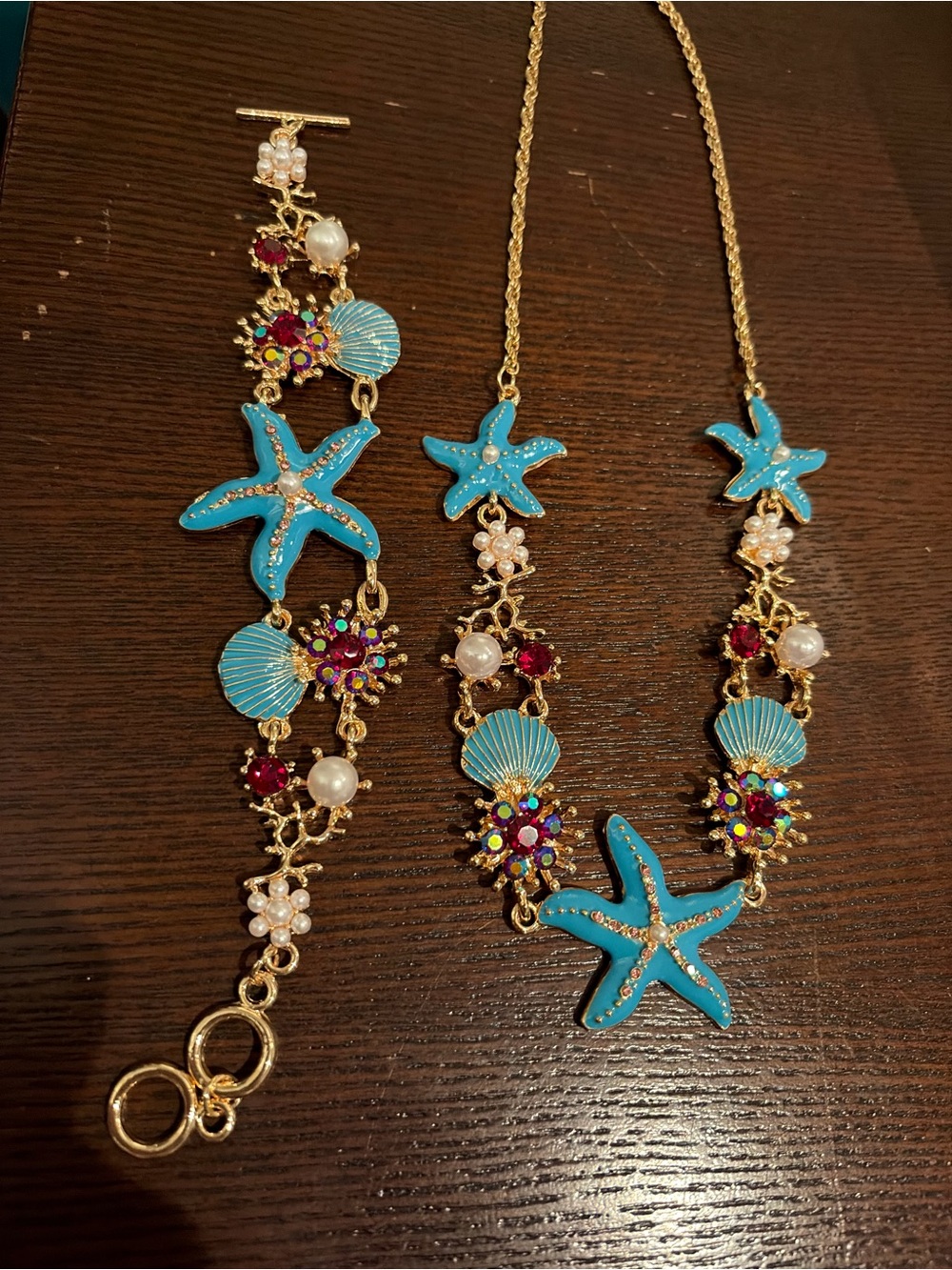 Gold-Tone Blue Starfish & Shell Necklace and Bracelet Set